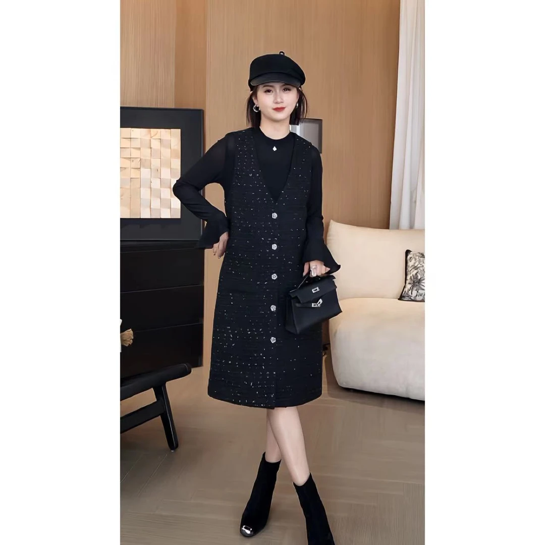 NANAKIKI【优雅小香】秋冬显瘦小香风银丝编织轻奢连衣裙KK-CW-011