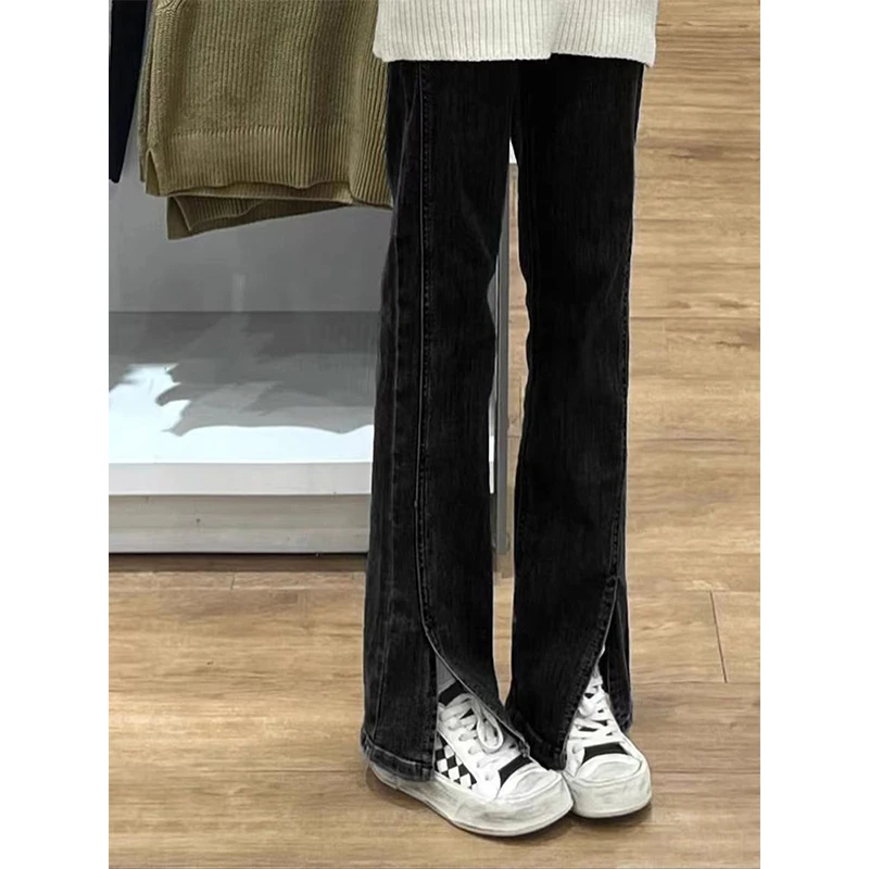黑色开叉牛仔裤女秋季新款宽松微喇阔腿裤大码胖mm显瘦高腰直筒裤