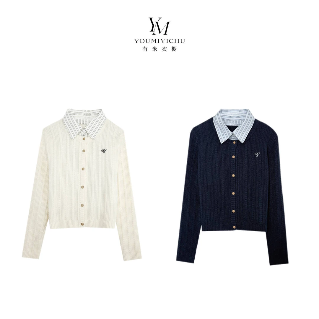 【有米衣橱】时光 韩系学院风短款假两件翻领气质麻花针织开衫4106