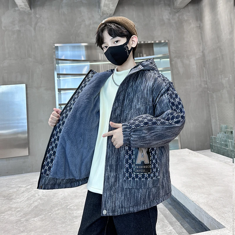 男童外套加厚风衣小男孩洋气中长款中大童帅气儿童加绒派克棉服