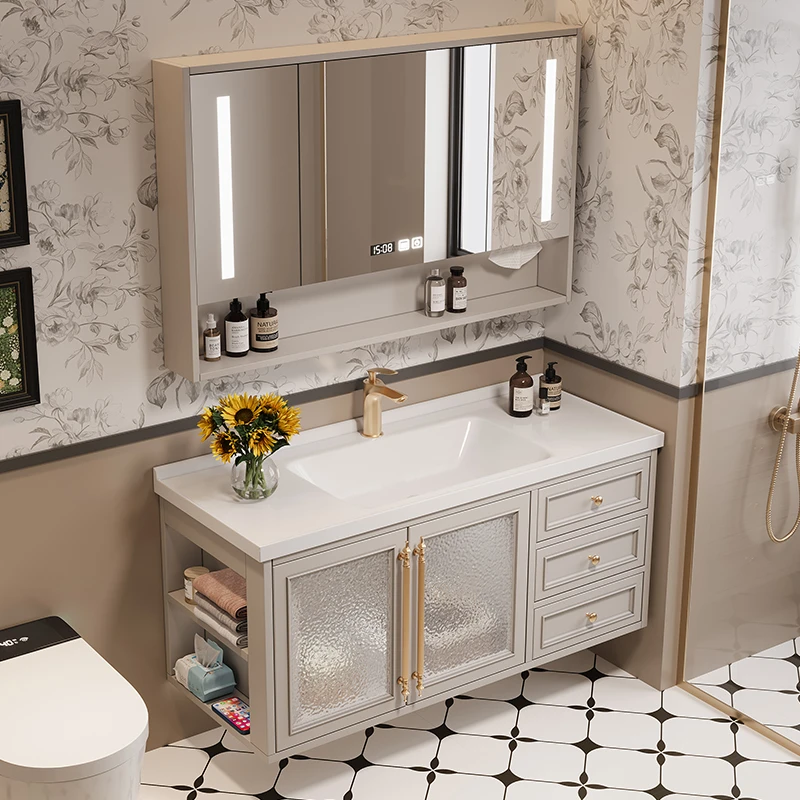 法式橡胶木浴室柜岩板热弯陶瓷一体盆卫浴柜复古海棠玻璃门浴室柜