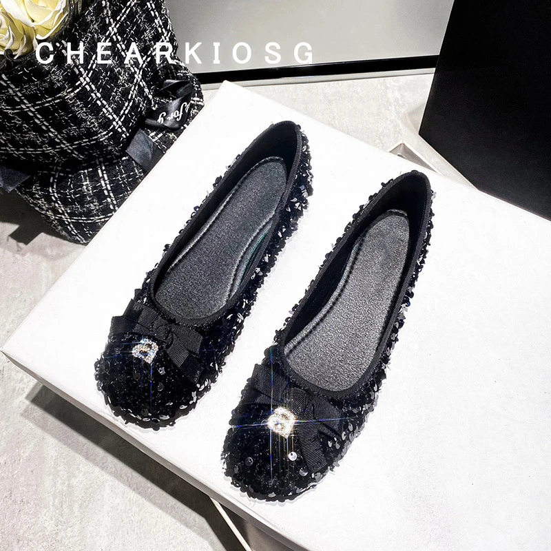 秋夏季新款2024浅口闪闪珠片蝴蝶结气质小厚底一脚蹬单鞋女冬