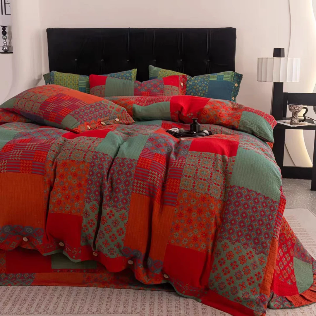 【百福红方布料】纯棉双层纱布料 宽幅2.5米 色织提花 双面可用