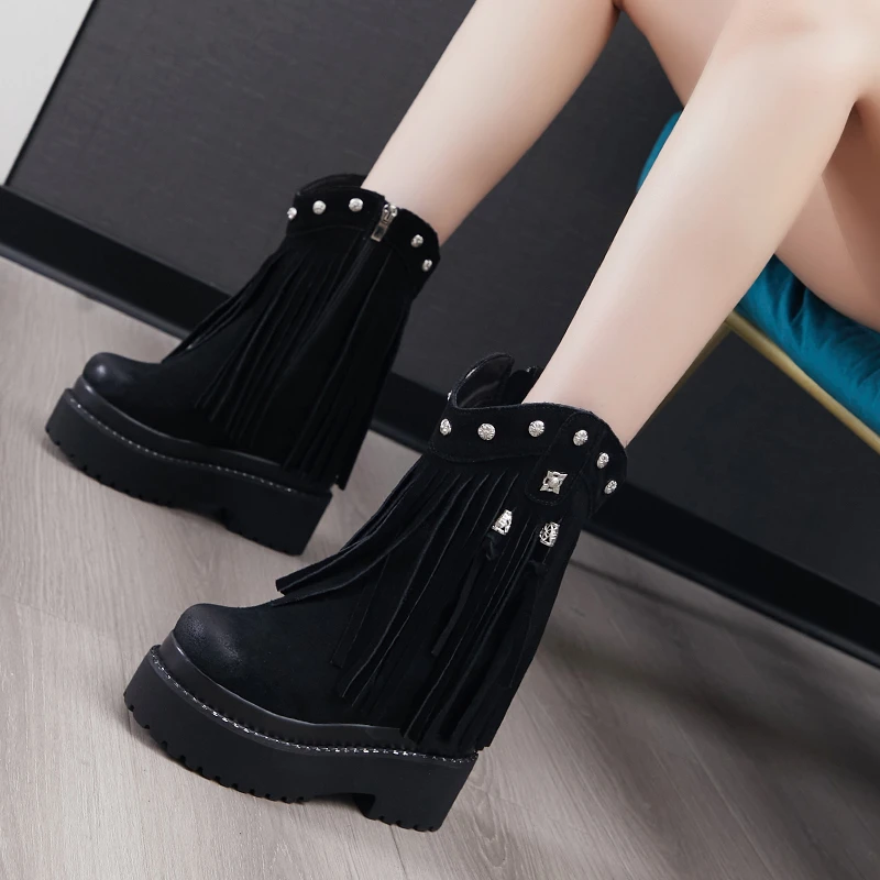 震地王12cm厚底松糕真皮女鞋短靴小个子时尚内增高流苏轻便马丁靴