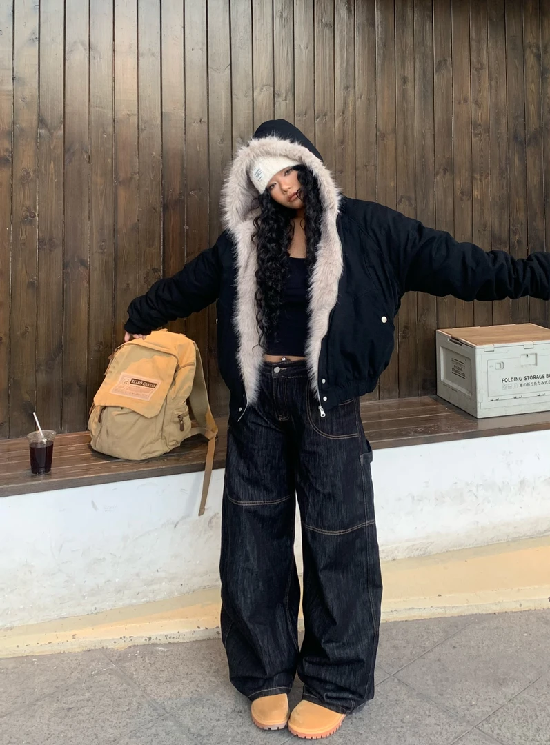 Csanxi【竖纹牛仔裤】牛仔裤显瘦直筒宽松冬季阔腿蓝色设计感水洗