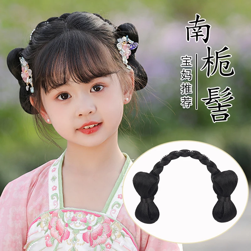 儿童汉服假发包盘发古装头饰发髻一体女童懒人发箍古风蝴蝶结发型