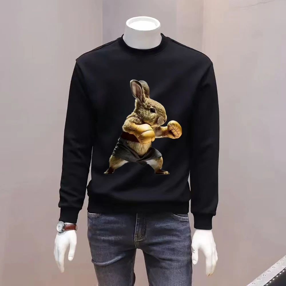 秋冬季大码长袖休闲时尚宽松加绒加厚保暖印花圆领百搭套头卫衣男