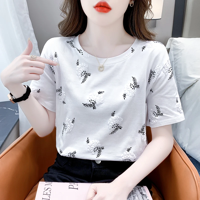 白色新款正肩短袖T恤女时尚百搭减龄显瘦上衣夏季爆款印花圆领