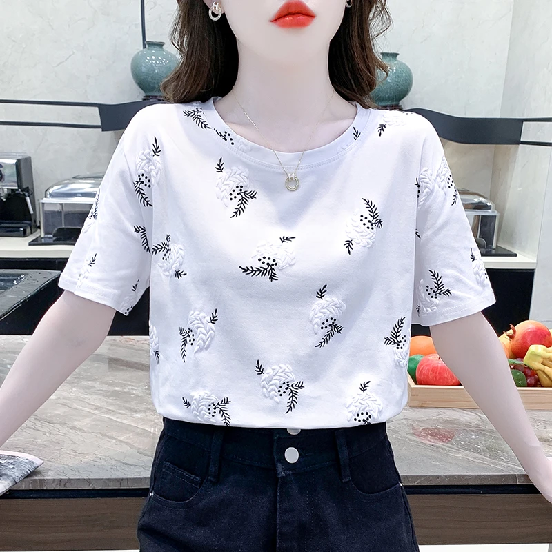白色棉质t恤女夏季2025年新款高端女士短袖宽松体恤女装上衣欧货