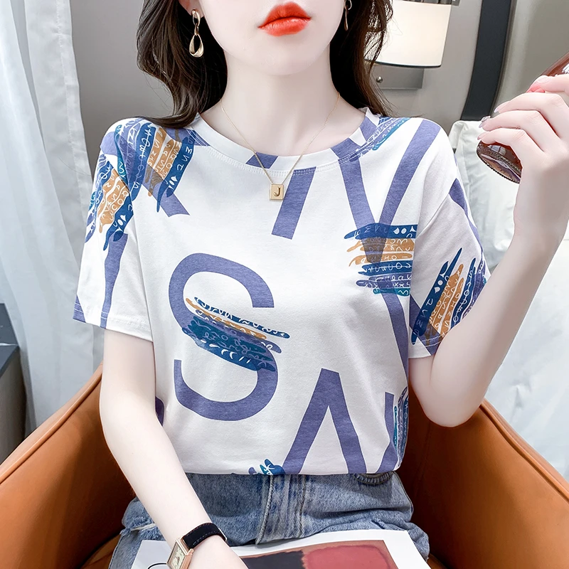 棉T字母印花短袖t恤女装夏季2025年新款宽松时尚洋气百搭圆领上衣