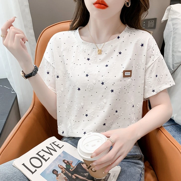 圆领纯棉T恤女短袖2023夏季新款休闲宽松设计感上衣遮肉小衫潮