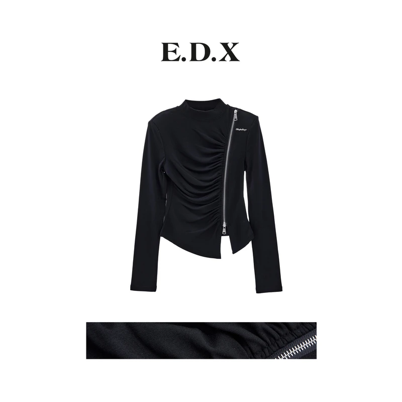 EDX秋冬原创不规则拉链上衣女小众设计感修身显瘦长袖T恤80632