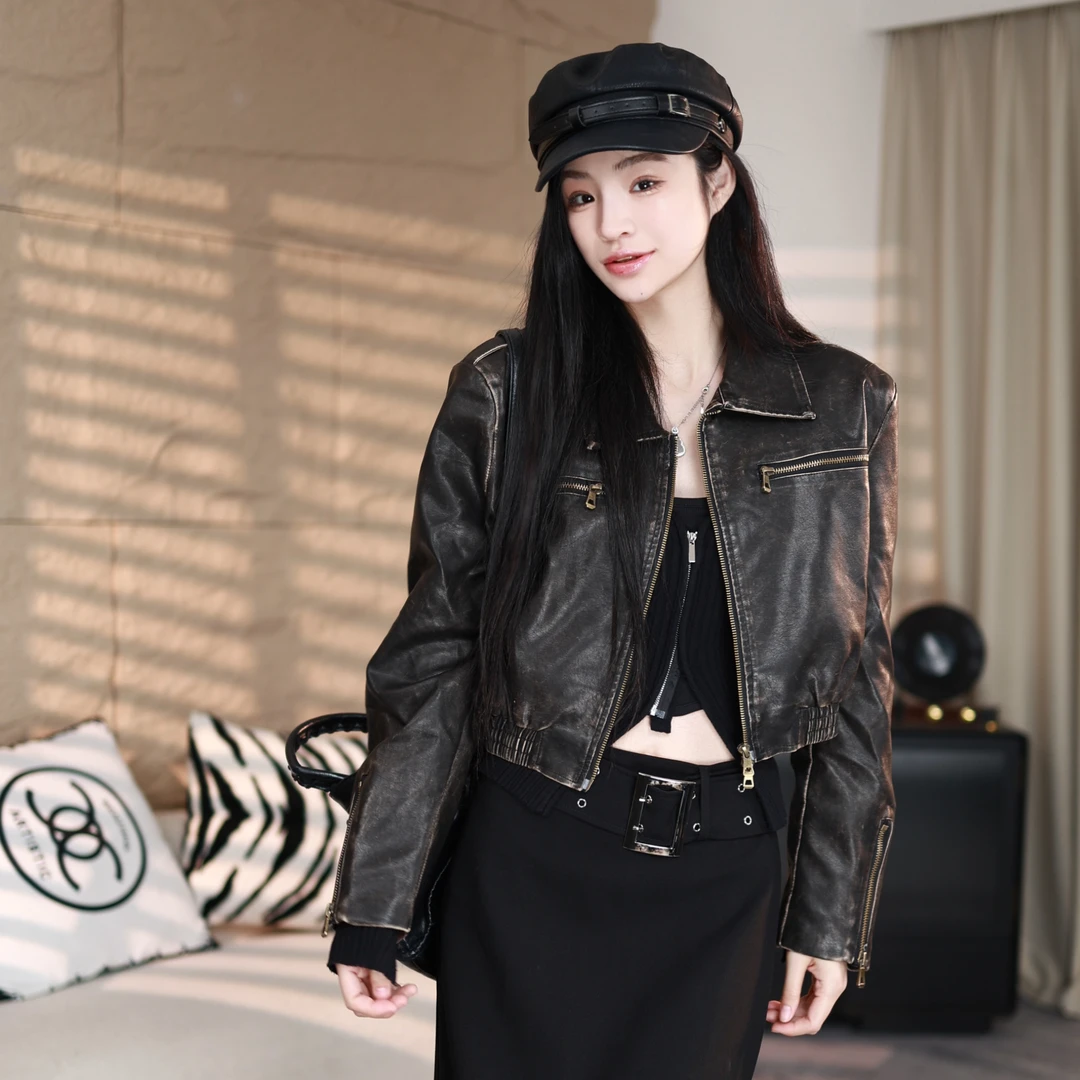 EDX原创秋冬朋克冷酷短外套女黑色女装设计感小众夹克皮衣2822