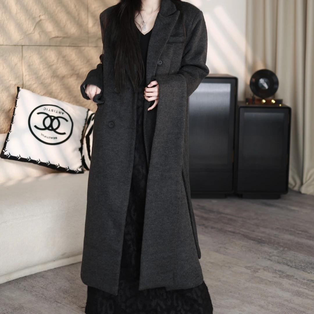 EDX原创冬季慵懒感大衣外套女小众复古纽扣中长款毛呢外套A9168