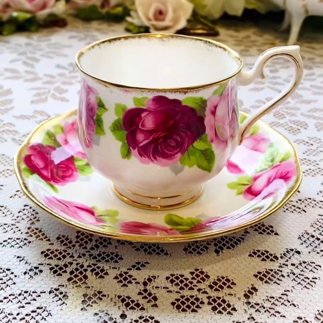 皇家阿尔伯特老英伦玫瑰咖啡杯英国原产1930年代手绘大玫瑰全美品