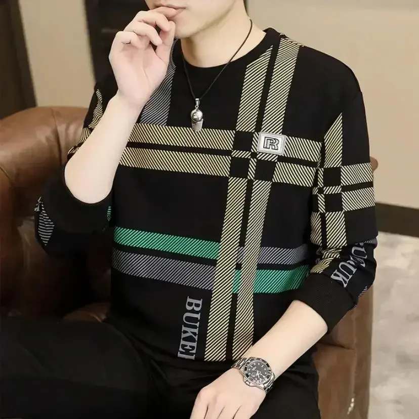 【专柜轻奢】2024新款秋冬男士休闲时尚长袖修身韩版潮流圆领百搭