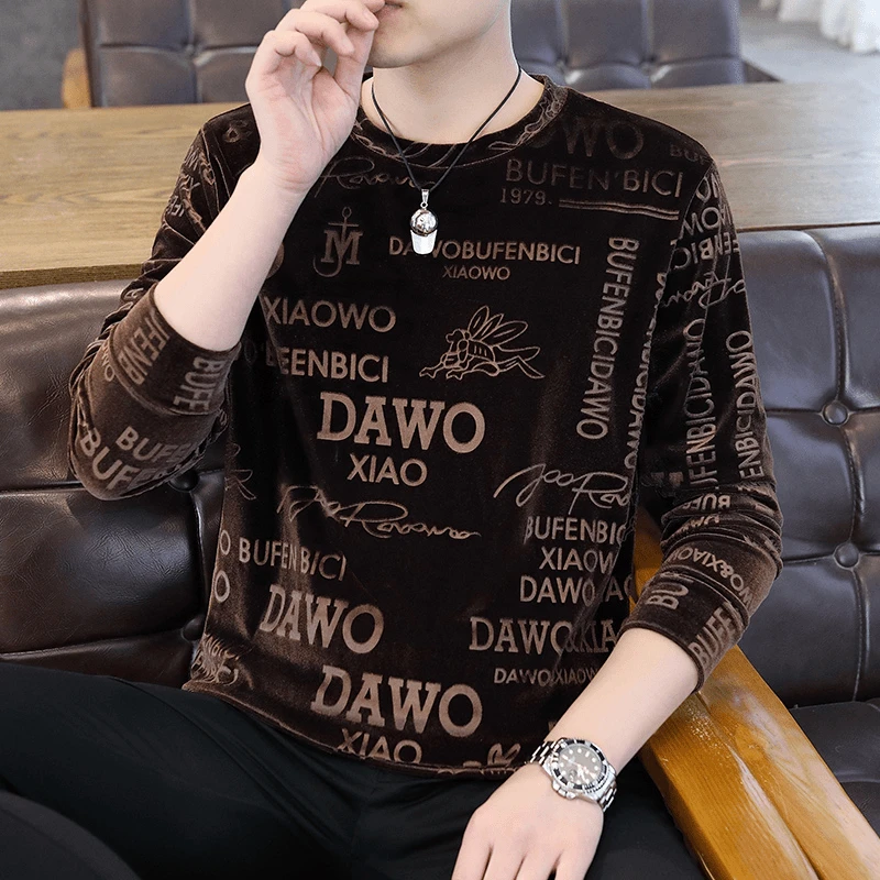 2025成熟男人金丝绒卫衣春秋季时尚潮流长袖男圆领薄款打底衫