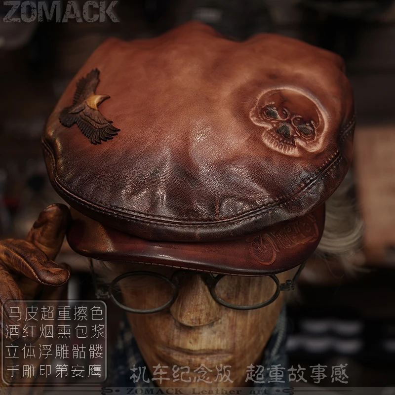 真马背皮贝雷鸭舌帽男复古着机械师机车手工皮雕浮雕骷髅印第安鹰