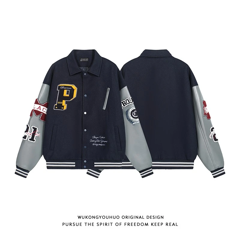 悟空有货美式cleanfit毛巾绣翻领刺绣棒球服潮牌嘻哈外套情侣夹克