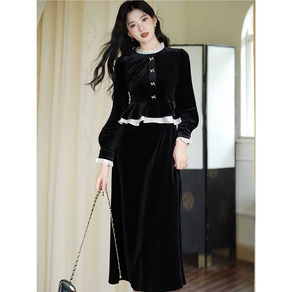 风畔丨法式赫本风黑色假两件丝绒连衣裙韩系氛围感穿搭气质长裙子