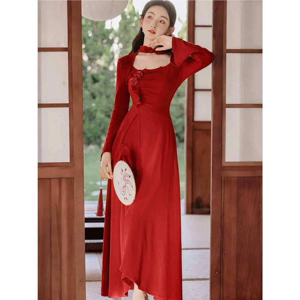 妄空丨中式年轻款气质高端绝美红色旗袍改良连衣裙日常礼服长裙子