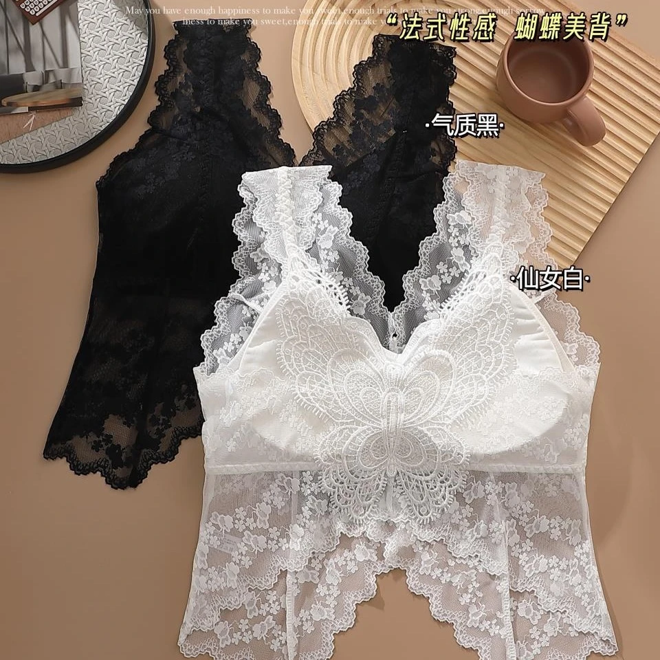 新款性感蕾丝v领背心宽肩带蝴蝶大露背内衣舒适打底长款大码美背