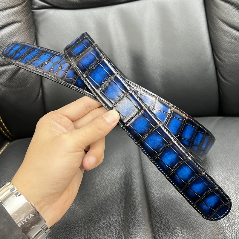 冉龙灯真鳄鱼皮皮带油边皮带美洲鳄腰带男士真皮鳄鱼皮平滑扣3.8