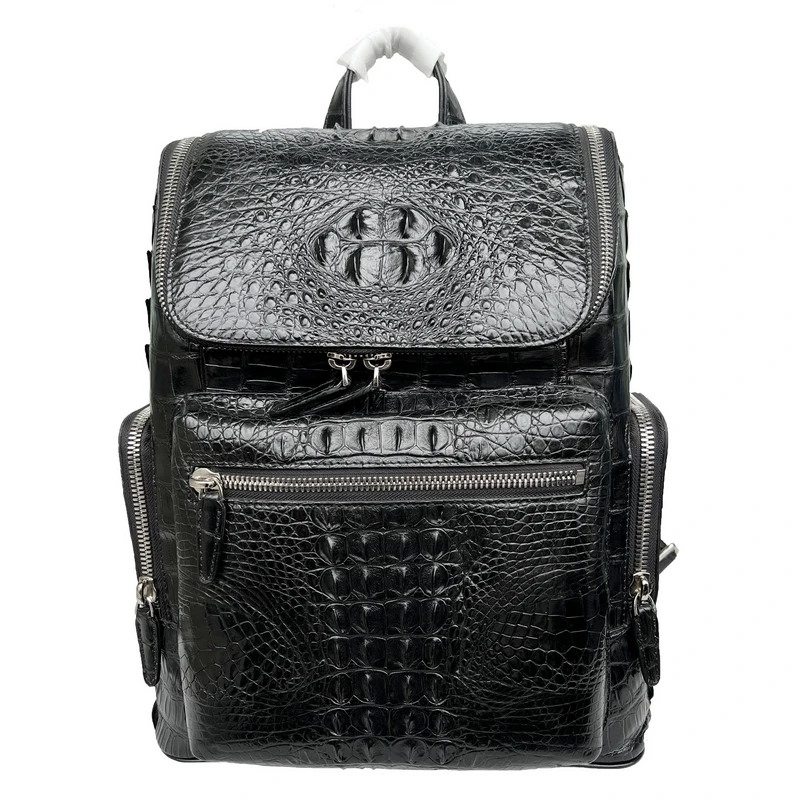 淑抱盛真鳄鱼皮男士双肩背包时尚休闲黑色潮流商务多功能经典背包