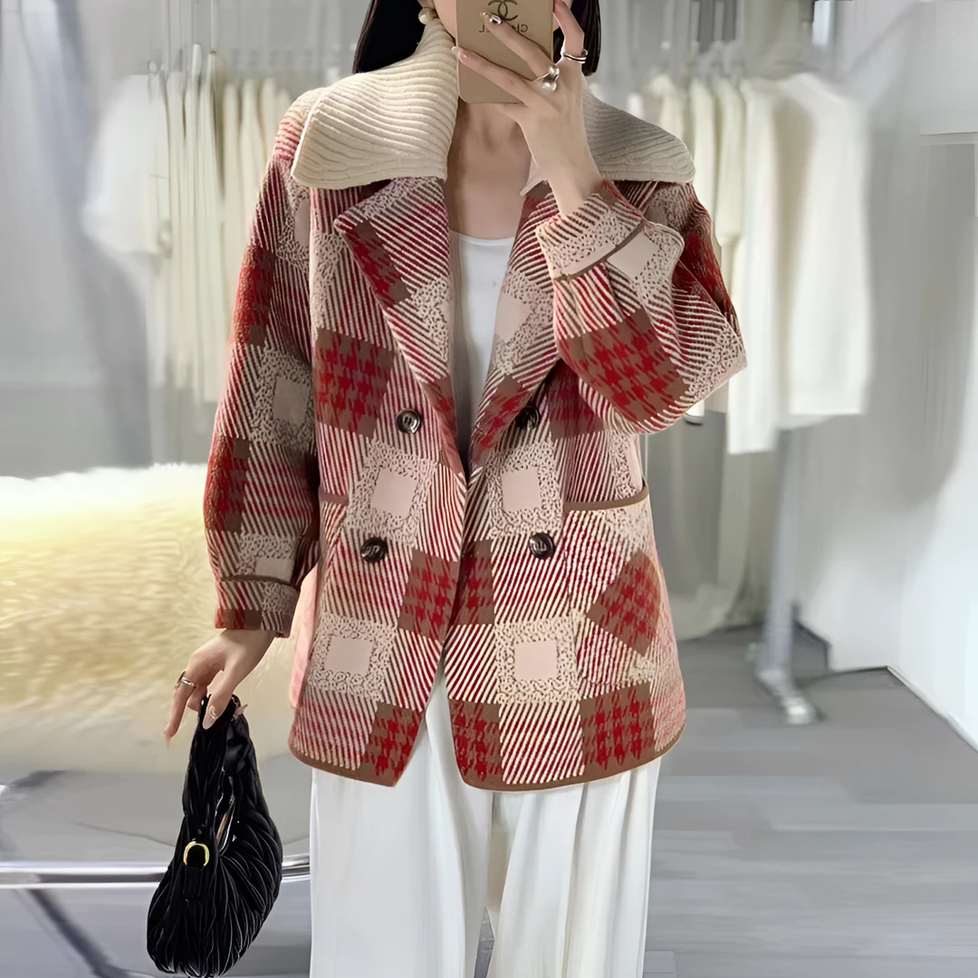 正品新款2024春装时尚百搭长袖格纹西装领双面绒格子气质休闲开衫