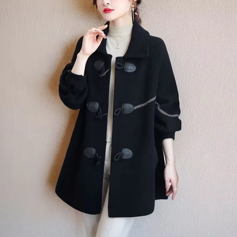 新款高端秋冬2023中长款翻领加厚双面绒外套大衣洋气休闲宽松开衫