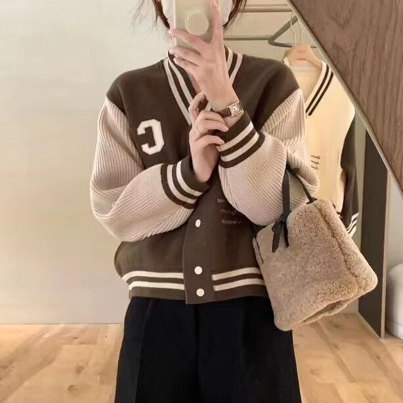 正品新款秋冬韩版毛衣拼接上衣外套宽松慵懒加厚双面呢棒球服外套