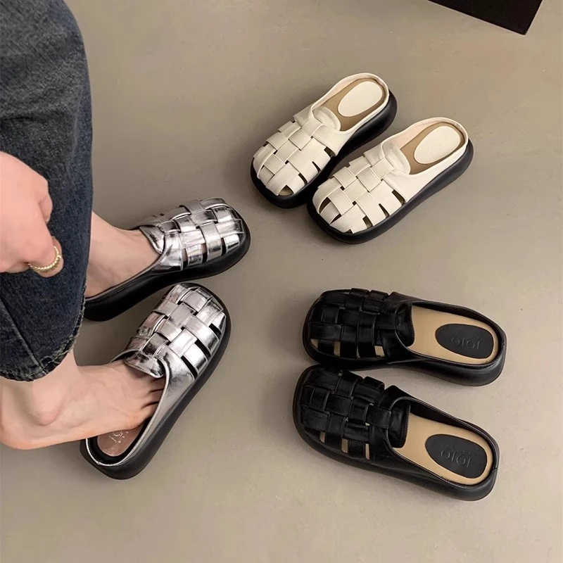 增高厚底包头半拖鞋女夏外穿法式气质仙女松糕凉拖海边沙滩罗马鞋