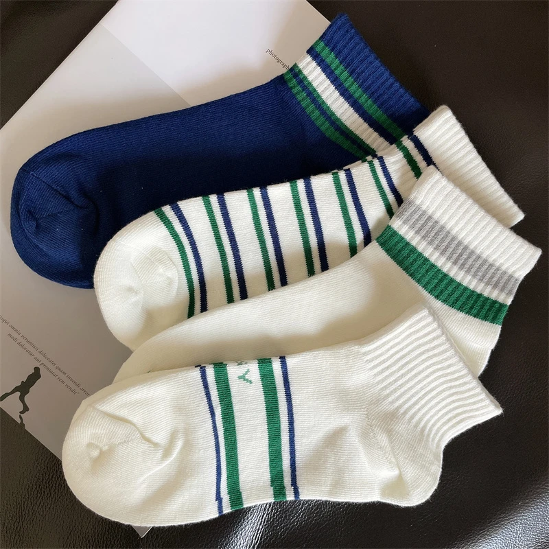 白色条纹袜子男女中筒ins潮秋冬季百搭透气男士运动韩版短袜