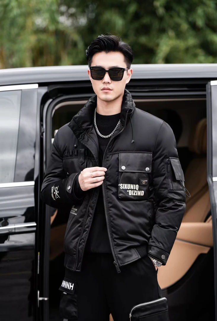 【羽绒真皮】男士潮牌加厚保暖拼接休闲时尚夹克外套秋冬立领轻薄