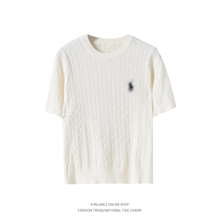 小马刺绣麻花短袖针织衫上衣圆领T恤女 66060