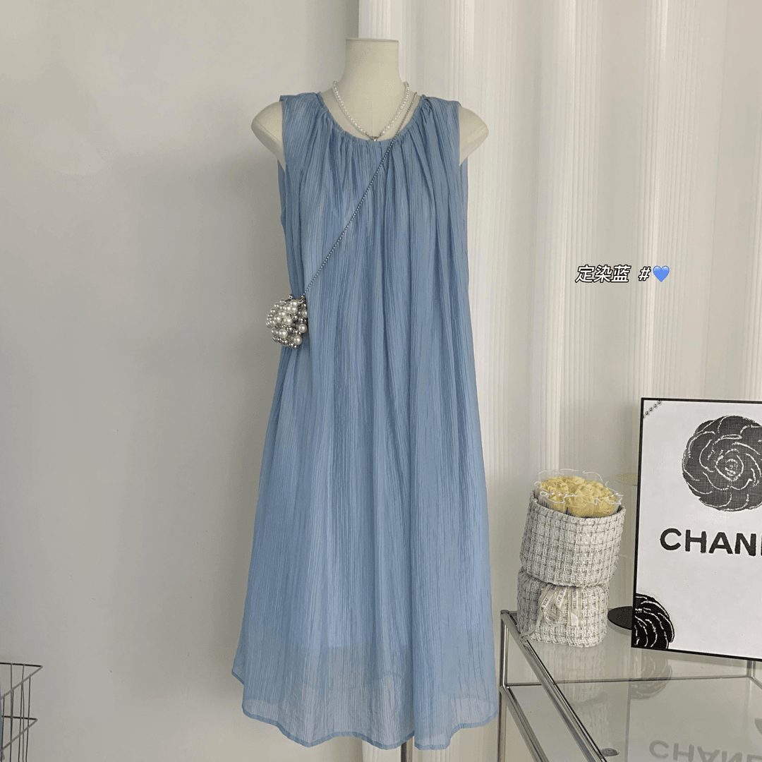 uma风 2024春夏新款蓝色高级感满满醋酸连衣裙