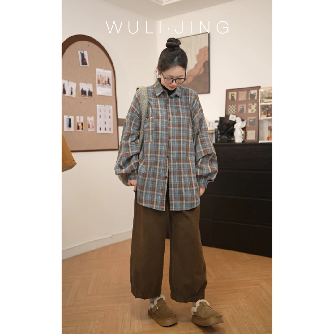 【大版衬衫】红人上新不起静电棉麻文艺复古格子宽松百搭格子衬衫