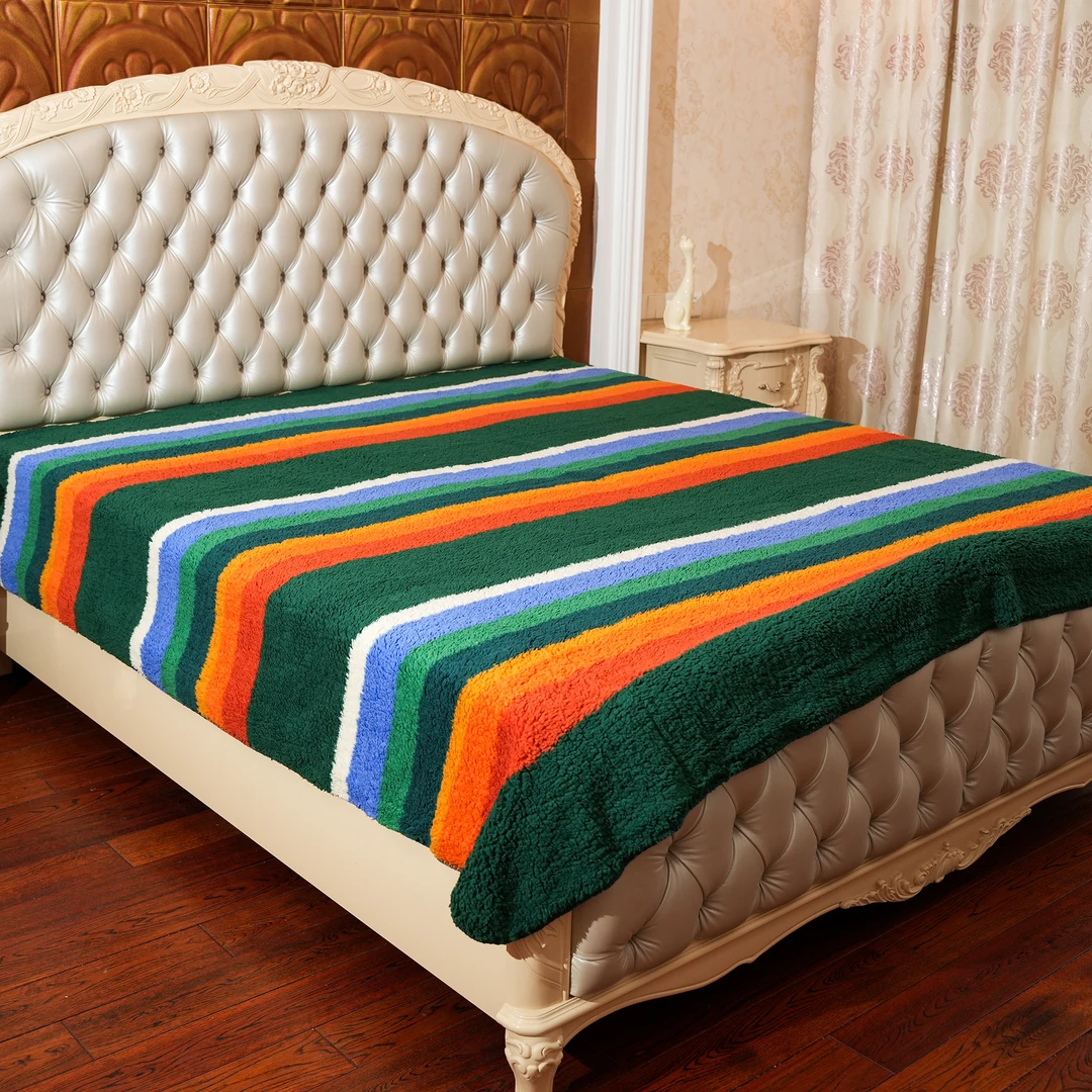 祖母绿条纹卧室沙发毯休闲毯绒毛毯午睡毯冬季加绒柔软双面加厚