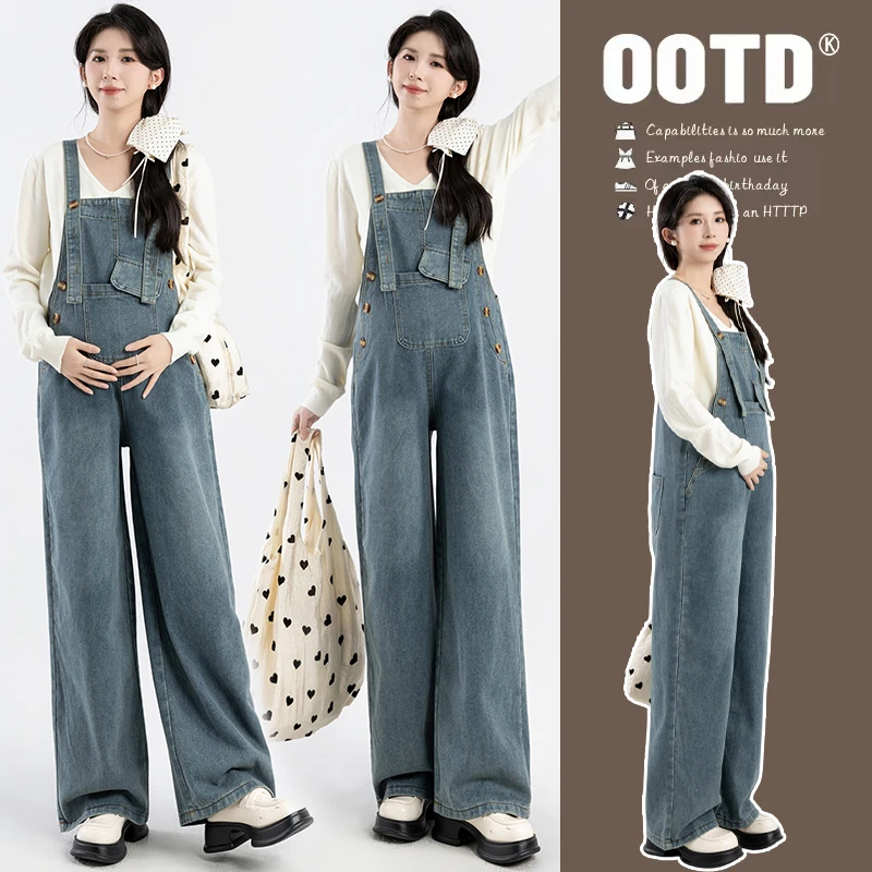 孕妇牛仔背带裤春秋款外穿新款孕妇装秋装孕期大码宽松阔腿长裤冬