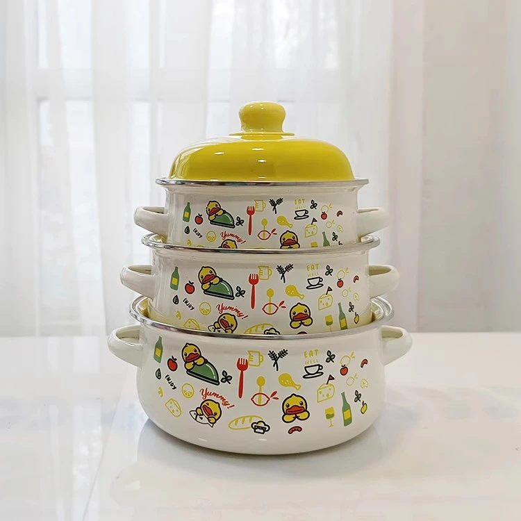 卡通小黄鸭搪瓷锅16cm18cm20cm加厚珐琅汤锅宝贝辅食锅带盖煮面锅