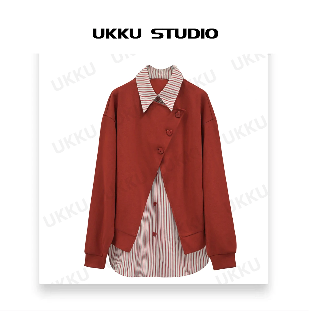 康妮【UKKU STUDIO】设计师气质安可拉红拼接条纹假两件衬衫312629