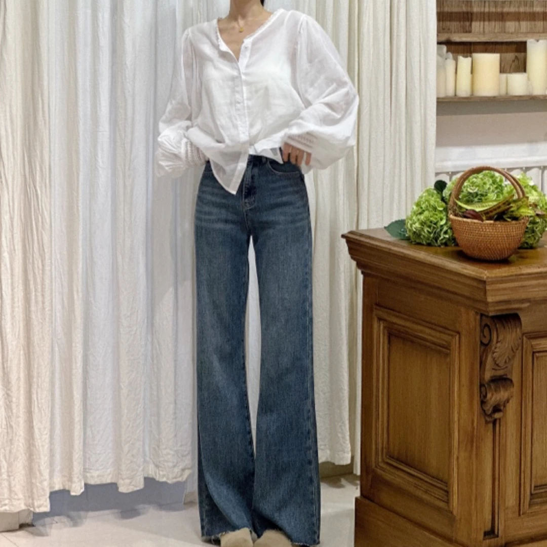 muli沐里直筒毛边牛仔长裤外装