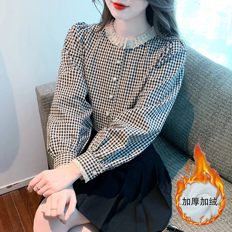 黑白格子衬衣女长袖开衫蕾丝圆领衬衫2024秋冬时尚减龄百搭上衣潮