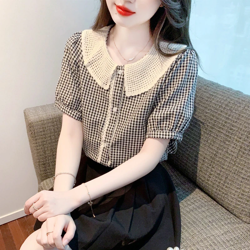 黑白格子衬衣短袖女开衫2025夏季新款时尚减龄娃娃领衬衫洋气上衣