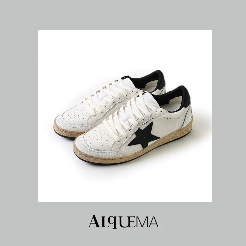 Rongshanyue复古做旧真皮脏脏鞋厚底内增高低帮拼色星星鞋 B781