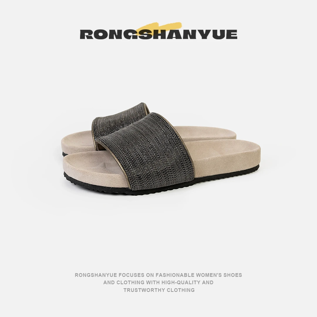 Rongshanyue手工珠链拖鞋高级感原版定制金属羊皮一字拖鞋女B885