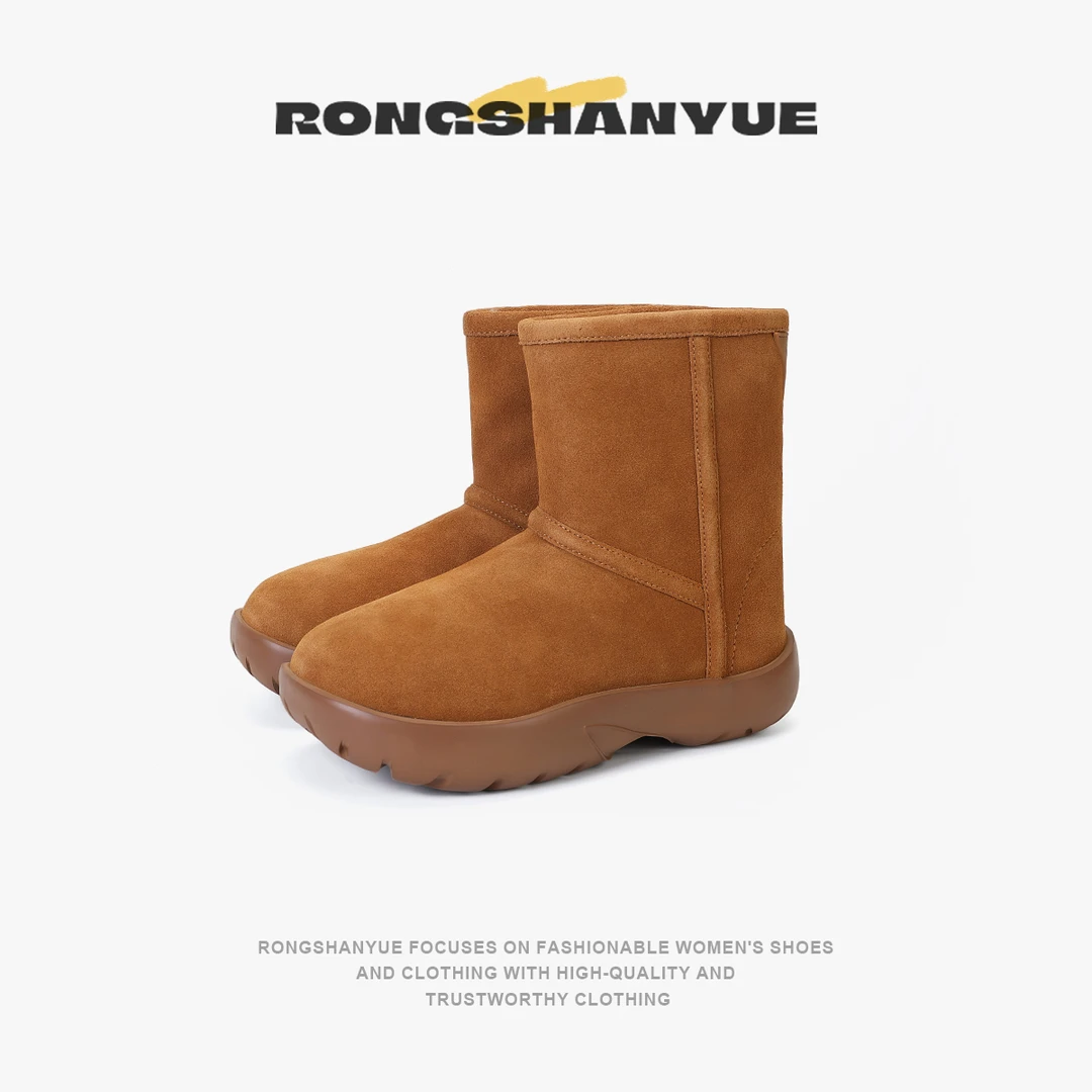 Rongshanyue进口高丝光牛反绒雪地靴女冬季加绒棉鞋毛毛短靴B991