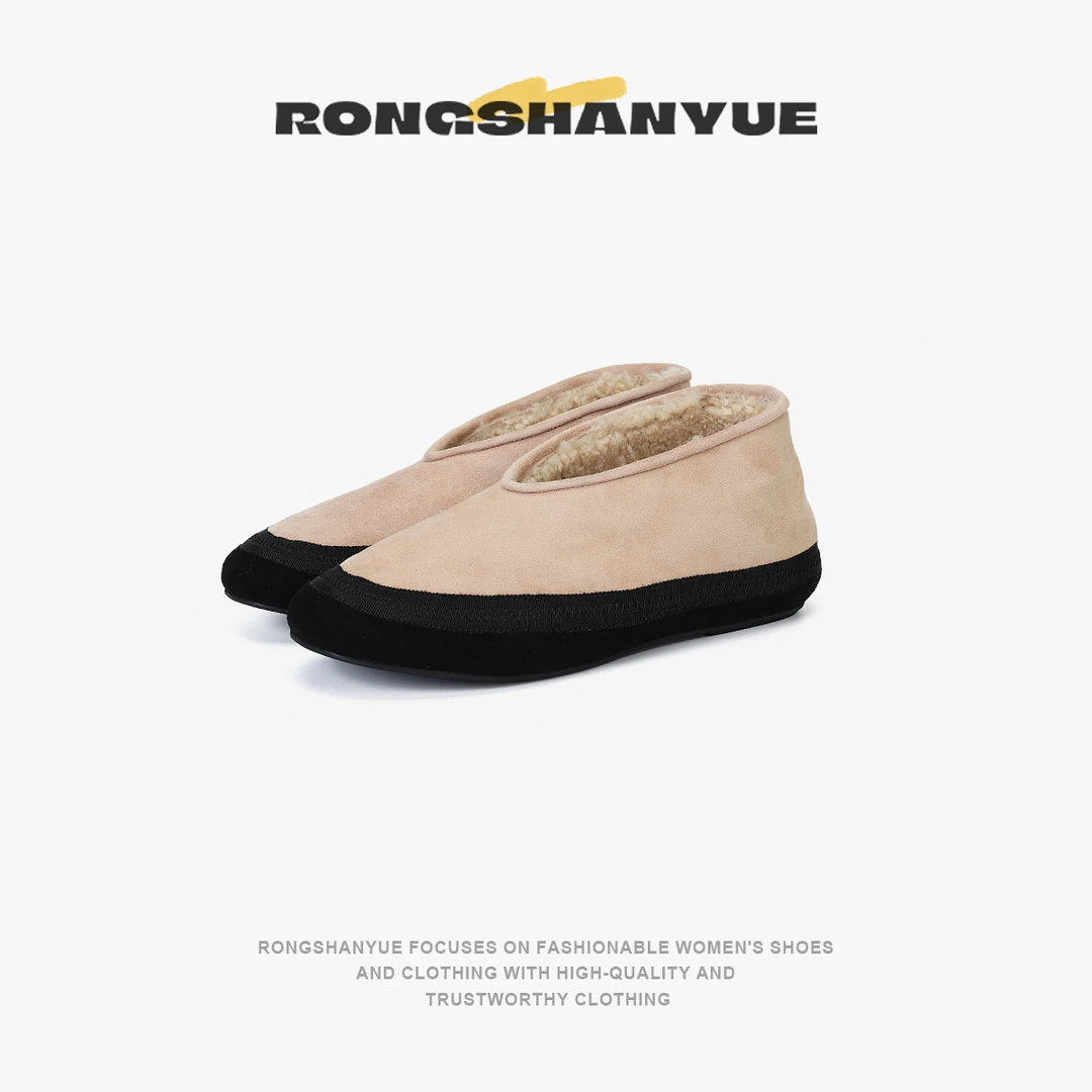 Rongshanyue秋冬保暖羊毛皮雪地靴懒人一脚蹬加绒乐福鞋B966