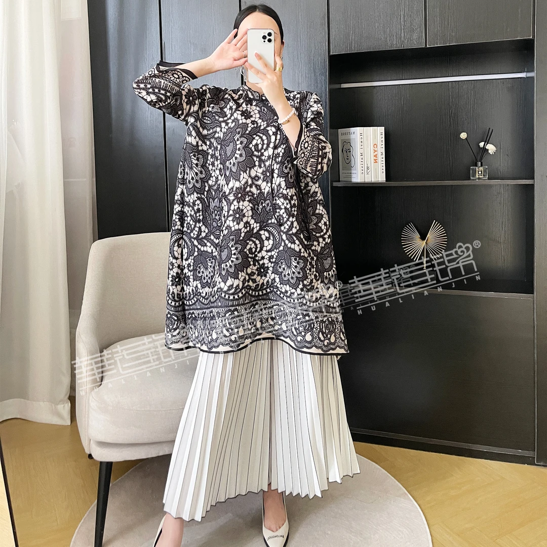 凤菲凰【虞美人】大码女装复古新中式褶皱印花休闲显瘦七分袖连衣裙