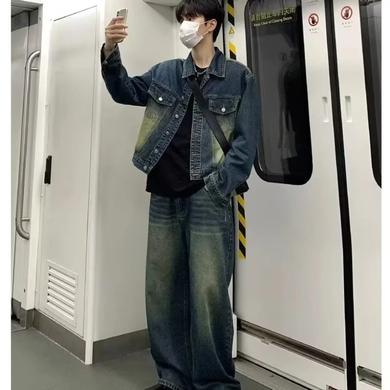 复古做旧设计感休闲夹克外套男款宽松小众高级百搭牛仔裤子两件套